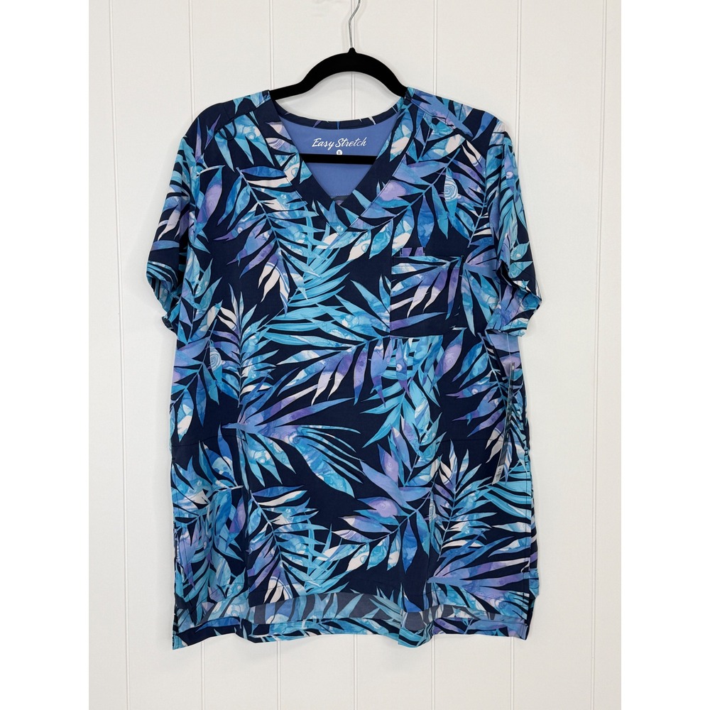 Easy Stretch Blue Tropical Palm V-Neck Scrub Top NWT Women XL Floral Blue Scrubs